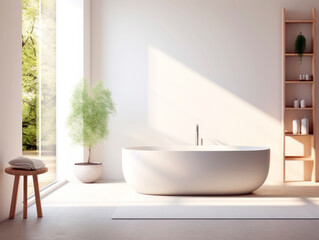 Poster - A modern bathroom with a freestanding tub, wooden elements, and a view of nature, conveying a peaceful concept. Generative AI