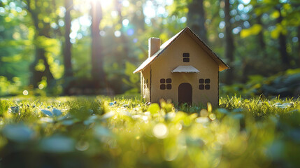 Aufkleber - A cardboard house placed on a grassy lawn with sunlight filtering through trees, evoking a concept of eco-friendly housing. Generative AI