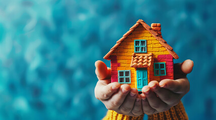 Poster - Hands holding a colorful model house against a blurry blue background, symbolizing home care and investment, Generative AI. Generative AI