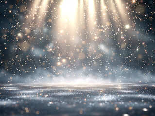 Poster - Sparkling lights over an empty stage with glitter, set on a dark background, conveying a concept of celebration. Generative AI