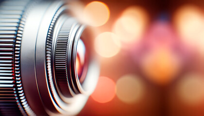 Aufkleber - close-up of a camera lens with a bokeh light background, focusing on photography and technology. gen