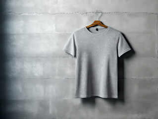 Wall Mural - A blank grey t-shirt on a wooden hanger against a textured concrete wall, ideal for branding mockup. Generative AI