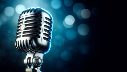 Poster - Close-up of a vintage microphone with a bokeh light background, concept of music, sound recording or broadcasting. Generative AI