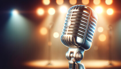 Poster - A retro-style microphone against a blurred background with bokeh lights, conveying a concept of music or performance. Generative AI