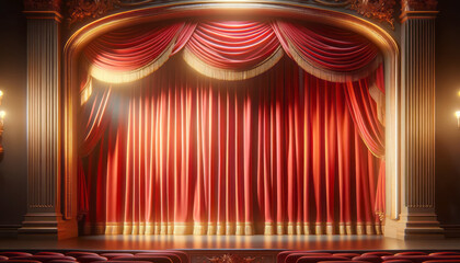 Poster - A grand, empty theater stage with luxurious red curtains, classic architecture, set against a dark background, embodying a concept of performance. Generative AI