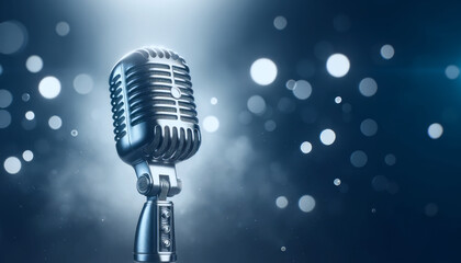 Poster - A vintage microphone with a bokeh lights background, capturing a concept of music, performance, or audio broadcasting. Generative AI