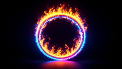 Poster - A fiery ring with electric blue and orange flames on a black background, depicting energy or power concepts. Generative AI