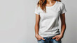 Woman in a blank white t-shirt for branding mockup, plain background, concept of apparel design. Generative AI