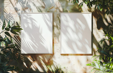 Poster - Two blank posters affixed to a textured wall, surrounded by green foliage and cast shadows, modern mockup display. Generative AI