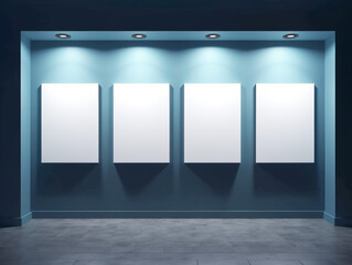 Aufkleber - Three blank posters on a gallery wall, lit by ceiling lights, showcasing a modern design concept on a dark background. Generative AI