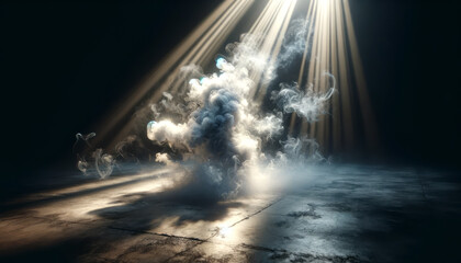 Aufkleber - Dramatic smoke swirls illuminated by sunlight on dark concrete floor. Artistic expression concept. Generative AI