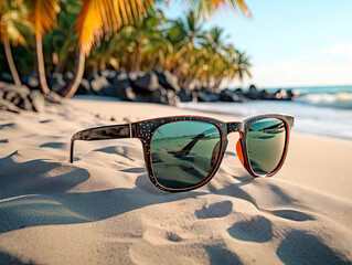 Sunglasses on a sandy beach with ocean and palm trees reflected in the lenses. Ai generative illustration