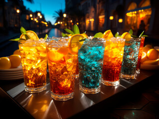 Poster - A closeup of colorful summer drinks on a table with a warm, bright background suggesting a concept of vacation and relaxation. Ai generative illustration