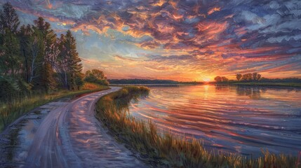 Wall Mural - A painting of a sunset over a lake with a road in the background. The sky is filled with clouds and the sun is setting, creating a warm and peaceful atmosphere