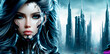 Mujer ciborg en ciudad futurista. Utopía ciberpunk