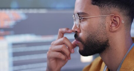 Leinwandbilder - Office, man and thinking in computer with coding as data analyst for programming or digital transformation. Worker, programmer and pc to analyze statistics, information and technology development
