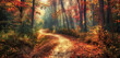 A pathway covered in autumn leaves winding through a dense forest. The trees are in full autumn splendor, with leaves in shades of red, orange. 32k, full ultra hd, high resolution