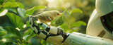 Fototapeta  - AI robot caring for a little bird, Environmental friendliness and Earth conservation theme