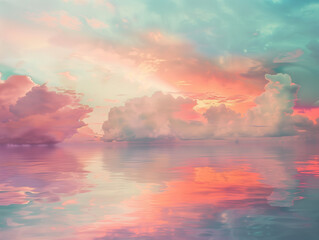 Wall Mural - cotton-candy clouds float above a still ocean reflecting the hues of sunset.