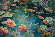 Shot from a wide angle of a beautiful garden with a koi pond, with colorful flowers blooming all around and fish swimming in the water Colorful wet oil ink sketch