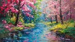Create an image of a blooming forest IN THE SPRING with a meandering stream Colorful, oil painting, heavy strokes, impasto