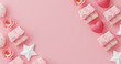A pink background with a row of white boxes and a heart. for design mother's day and valention day. with copy space
