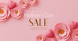 Mother's Day sale banner. A pink background with flowers and hearts. The text says 