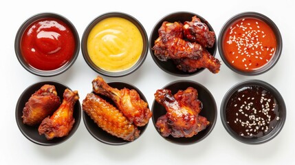 Canvas Print - Air fryer chicken wings glazed with hot chilli sauce and served with different sauces. isolated on white background . top view