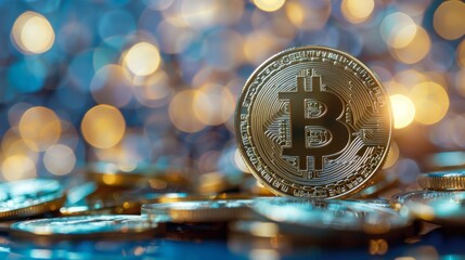 Poster - Bitcoin gold coin and defocused chart background.