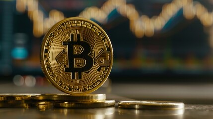 Poster - Bitcoin gold coin and defocused chart background.