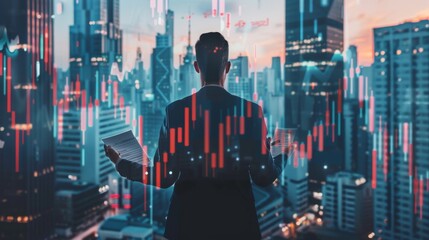 Aufkleber - Businessman full length with papers in hands, back view. Panoramic New York skyline, forex financial chart with candlesticks and numbers, double exposure. Concept of financial analysis