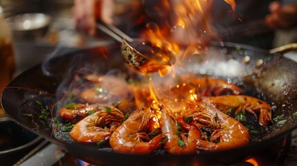 Chef cooking shrimps with mix vegetables on wok frying pan close-up. Prawns on fire throwing them on pan. Restaurant Food concept. Sea food.