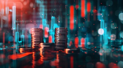Poster - Creative image of growing coin stacks and candlestick forex chart on blurry background. Trade, money and financial growth concept. Double exposure