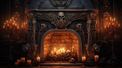 Canvas Print - Halloween background. Pumpkins, skulls, fireplace and scary elements. The concept of Halloween, witchcraft and magic.