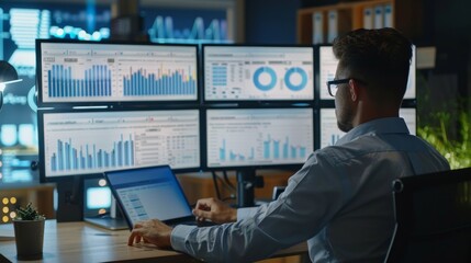 Leinwandbilder - Data analyst working on business analytics dashboard with charts, metrics and KPI to analyze performance and create insight reports for operations management on virtual screen.
