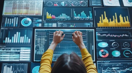 Fototapete - Data analyst working on business analytics dashboard with charts, metrics and KPI to analyze performance and create insight reports for operations management.