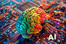 A Colorful Human Brain With Vibrant Colors Is Floating Above An Intricate Circuit Board, Symbolizing The Power Of Artificial Intelligence And Machine Learning Technology The Word AI In Bold Letters Ap