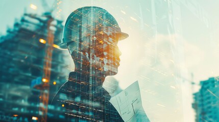 Poster - Double exposure image of professional engineer in protective helmet and blueprints paper at building construction site