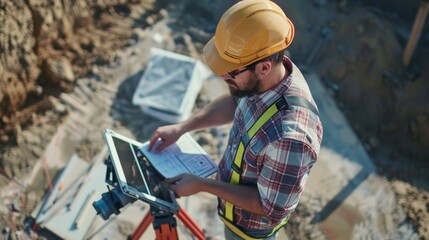 Wall Mural - Engineer with instruction, surveying building-site