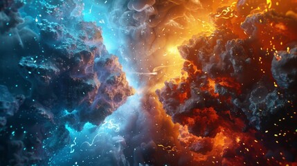 Poster - fire and ice concept design with spark. 3d illustration.