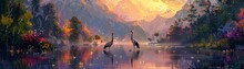 Two Cranes Stand In The Water Facing Each Other Mountains In The Foreground Lake Is Surround By Trees And Flowers 