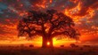 A majestic baobab tree silhouetted against the fiery hues of an African sunset, its ancient branches reaching towards the sky.