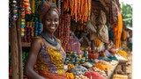 Fototapeta  - A group of colorful market stalls bustling with activity, offering a glimpse into the vibrant culture and traditions of Africa.
