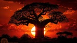 Fototapeta  - A majestic baobab tree silhouetted against the fiery hues of an African sunset, its ancient branches reaching towards the sky.