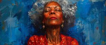 An Expressionist Painting Of A Glamorous, Mature African American Woman With Silver Curly Hair And Impeccable Makeup 