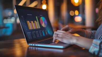 Leinwandbilder - Freelancer analyzing bar graphs and pie chart on laptop