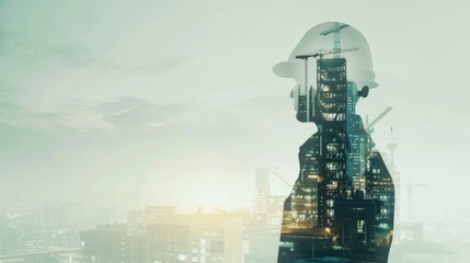 Aufkleber - Future building construction engineering project concept with double exposure graphic design. Building engineer, architect people or construction worker working with modern civil equipment technology.