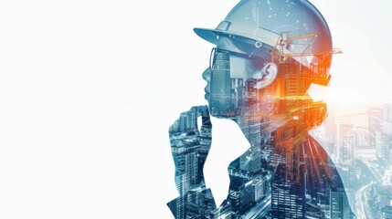 Poster - Future building construction engineering project concept with double exposure graphic design. Building engineer, architect people or construction worker working with modern civil equipment technology.