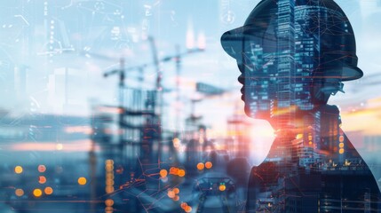Aufkleber - Future building construction engineering project concept with double exposure graphic design. Building engineer, architect people or construction worker working with modern civil equipment technology.