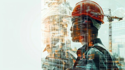 Aufkleber - Future building construction engineering project concept with double exposure graphic design. Building engineer, architect people or construction worker working with modern civil equipment technology.